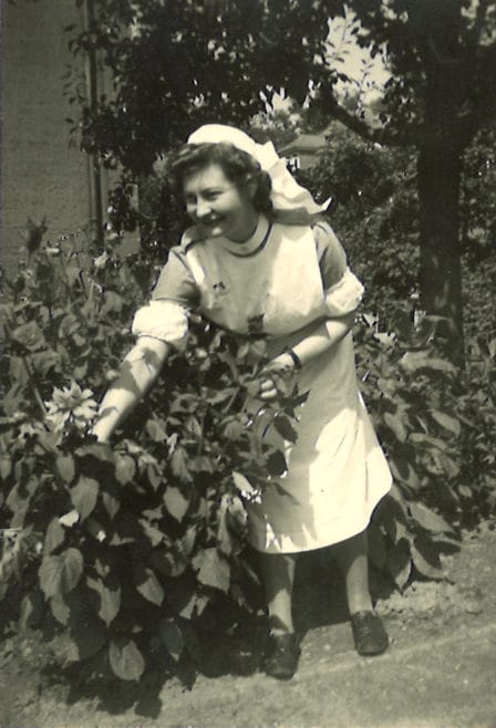 Susie in the garden of Montgomery Hospital, Bad Rehburg, Germany. 26th July 1945.