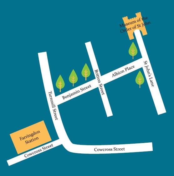 ALT="Map showing the route from Farringdon Station to the Museum"