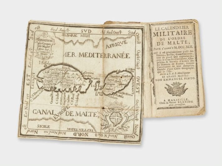 Photograph of an unfolded hand drawn map of Malta and Gozo with the ports and towns marked.
