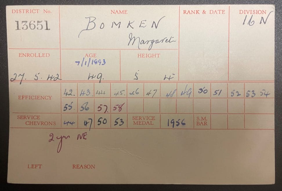 A small card containing a the personnel record for a female Nursing member of the St John Ambulance Brigade.