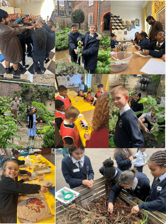 A collage of images showing children participating in activities including plant watering, mosaic making, composting and sweeping leaves.