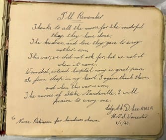 Image of a landscape page in a scrapbook laid on tissue paper. The page is yellowing and features a poem written in pen in script handwriting.
