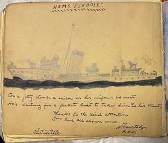 Image of a landscape page in a scrapbook laid on tissue paper. The page is yellowing and features a pencil and ink sketch of a ship. It has a title in pen at the top of the page and a note on the bottom of the page.