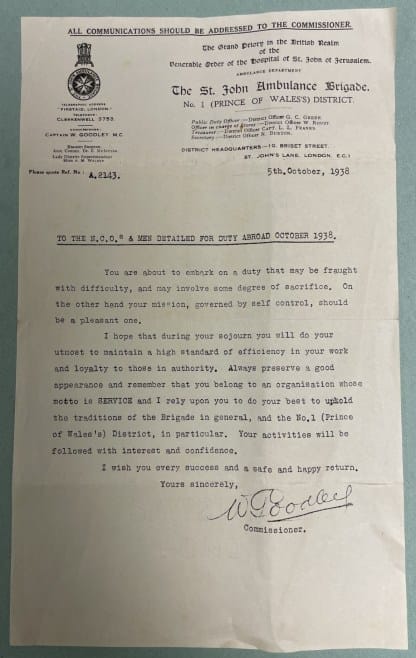 Correspondence relating to the St John Ambulance Brigade's intended duty in Czechoslovakia [Czechia], 1938 (Archive ref: STJ/SJO/6/1/1)
